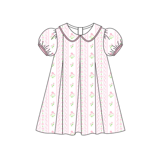 Preorder (moq 5)Baby Girls Short Ruffle Sleeves Pink Flowers Stripe Knee Length Dress