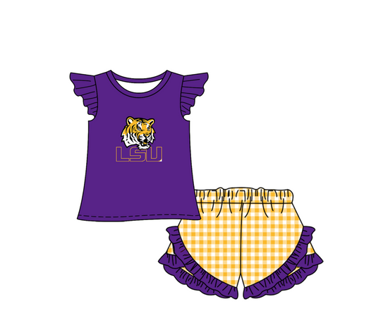 Preorder (moq 5)Baby Girls LSU Tigers Top Checked Ruffle Short Team Clothes Set