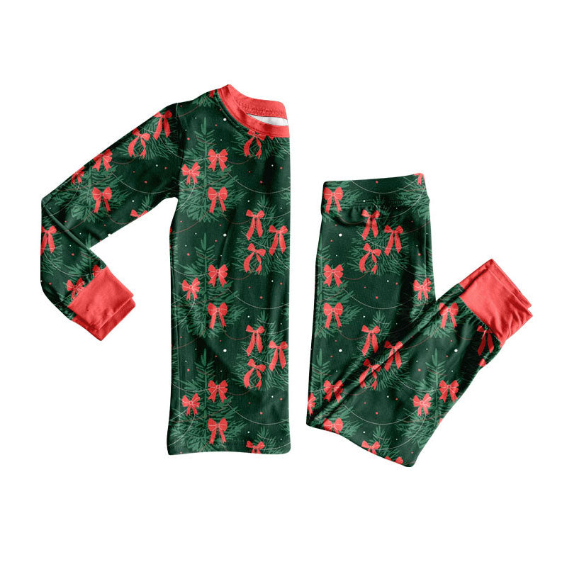 Preorder(moq 5) Baby Girls Trees Bows Top Pant Christmas Pajamas Sets