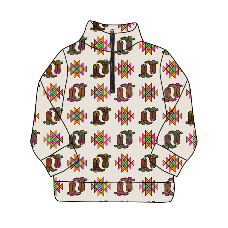 Preorder(moq 8)Baby Boys Long Sleeve Aztec Boots Western Zipper Pullovers Top