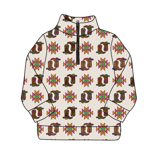 Preorder(moq 8)Baby Boys Long Sleeve Aztec Boots Western Zipper Pullovers Top
