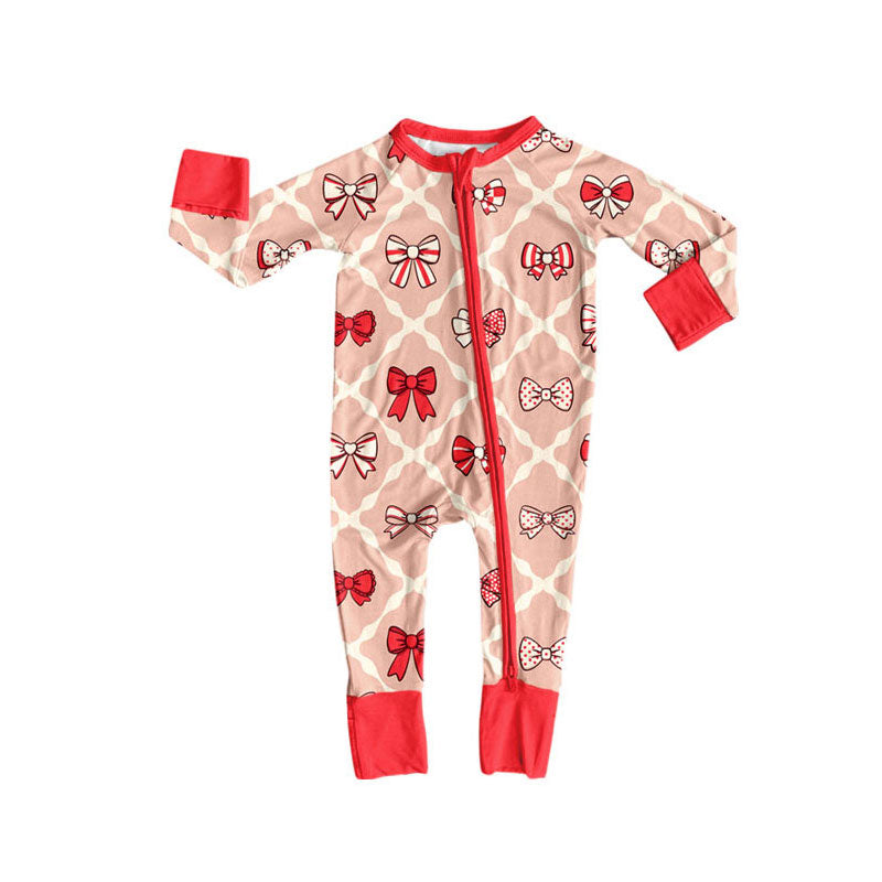 Preorder (moq 8)Baby Girls Long Sleeve Bows Checked Zipper Footie Rompers