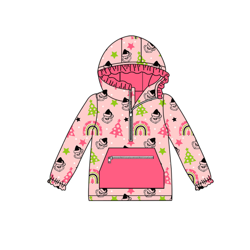 Preorder(moq 5) Baby Girls Long Sleeves Christmas Trees Green Face Pocket Zipper Hoodies