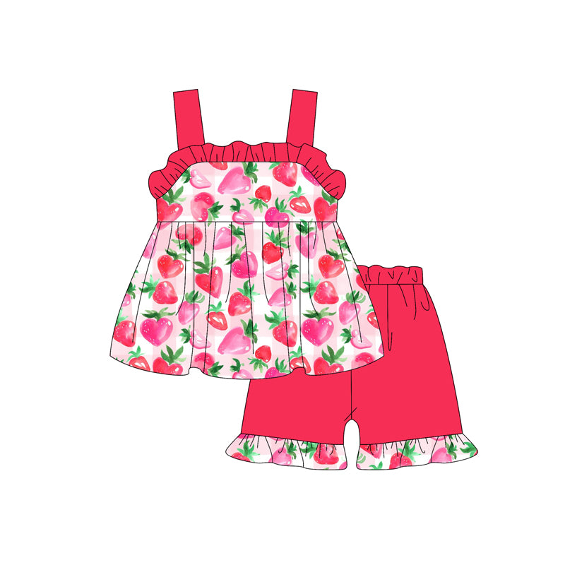 Preorder (moq 5)Baby Girls Red Strap Hearts Strawberry Tunic Ruffle Short Set
