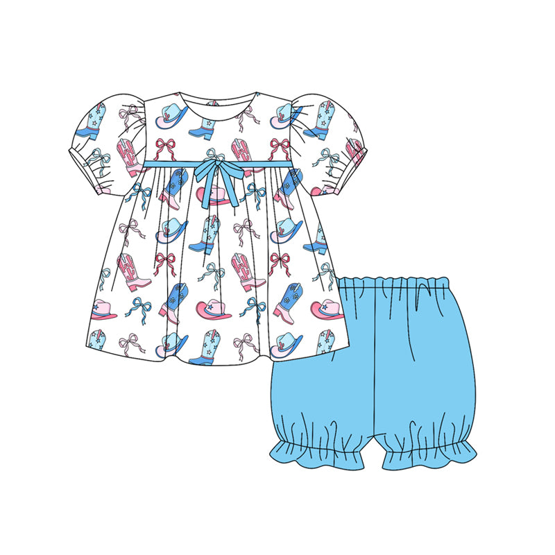 Preorder (moq 5)Baby Girls Short Ruffle Sleeves Bows Boots Hats Tunic Blue Shorts Set