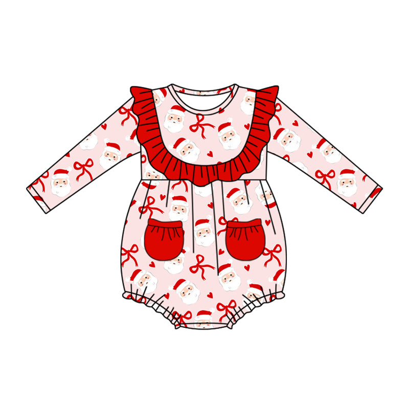 Preorder (moq 5)Baby Girls Pink  Long Sleeves Bows Santa Pockets Ruffle Rompers