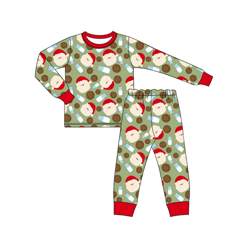 Preorder (moq 5)Baby Boys Green Long Sleeves Santa Milks Plaid Top Pant Pajamas Set