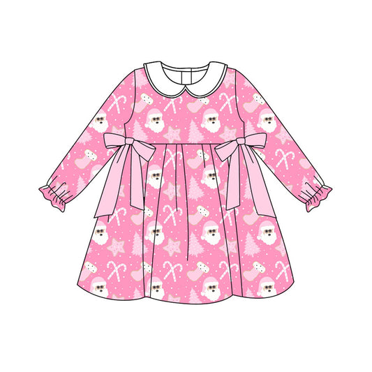 Preorder (moq 5)Baby Girls Pink Santa Candy Cane Bows Christmas Knee Length Dresses