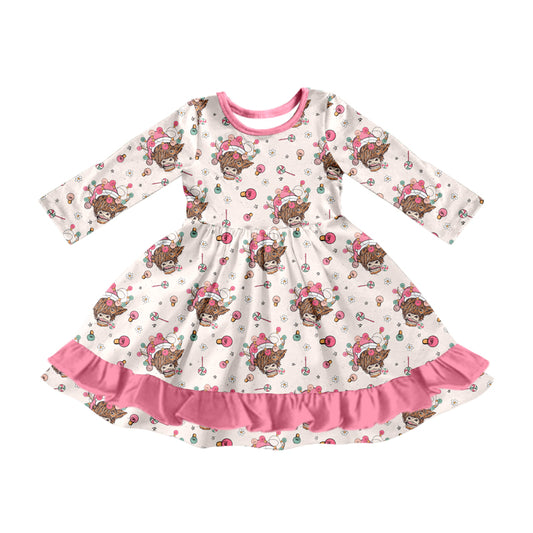 Preorder (moq 5)Baby Girls Long Sleeves Lights Highland Cows Plaid Ruffle Knee Length Dresses