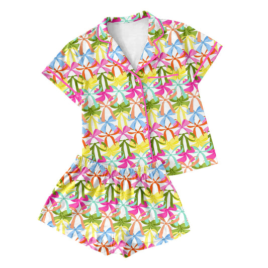 Preorder(moq 5)Adult Women Short Sleeves Button Pocket Colorful Bows Top Short Pajamas Set