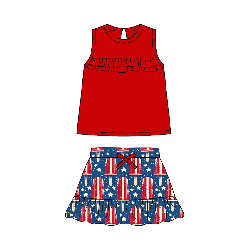 Preorder (moq 5)Baby Girls Red Sleeveless Tunic Hot Blue Stars Popsicle Skirt 4th Of July Sets