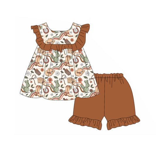 Preorder moq 5 Baby Girls Brown Sleeveless Boots Hats Tunic Ruffle Short Set