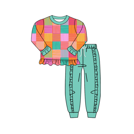 Preorder(moq 8)Baby Girls Colorful Stripe Checked Ruffle Tunic Pants Clothes Sets