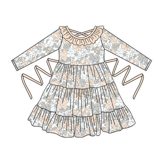 Preorder moq 5 Baby Girls Long Sleeves Creamy White Floral With Belt Ruffle Knee Length Dresses