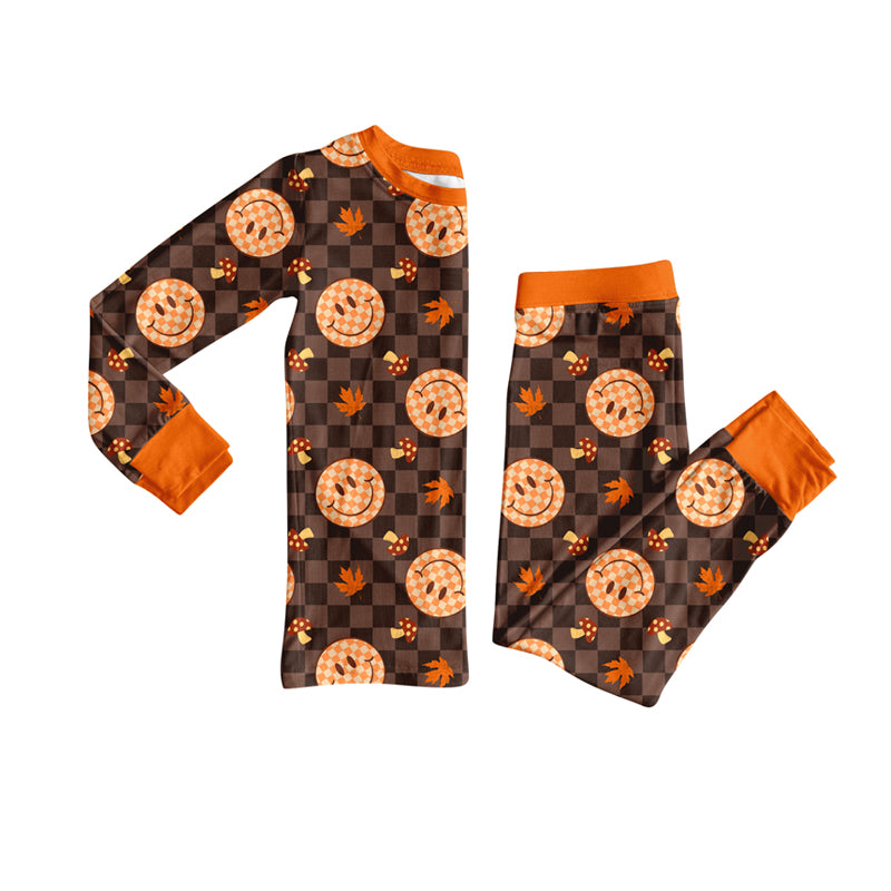 Preorder (moq 5)Baby Girls Long Sleeves Brown Plaid Smiles Leaves Top Pant Pajamas Clothes Set