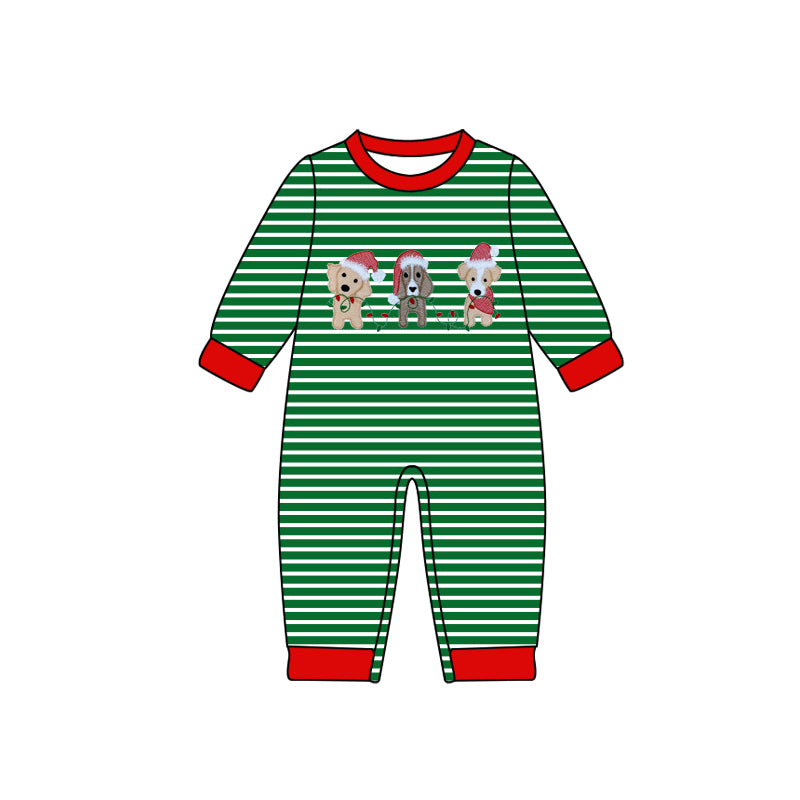 Preorder(moq 5)Baby Infant Boys Green Stripes Dogs Pants Christmas Rompers