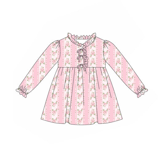 Preorder(moq 5) Baby Girls Long Ruffle Sleeves Pink Flower Stripe Knee Length Dresses