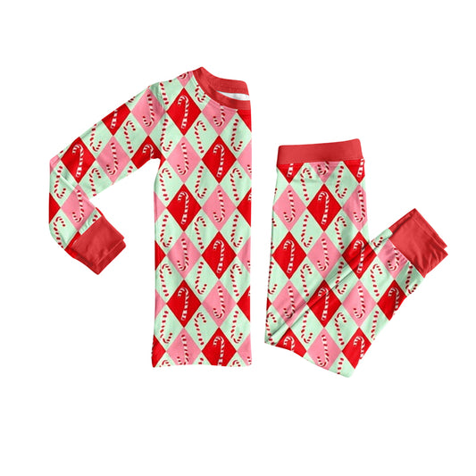 Preorder (moq 5)Baby Girls Long Sleeves Red Plaid Candy Cane Top Pant Pajamas Set