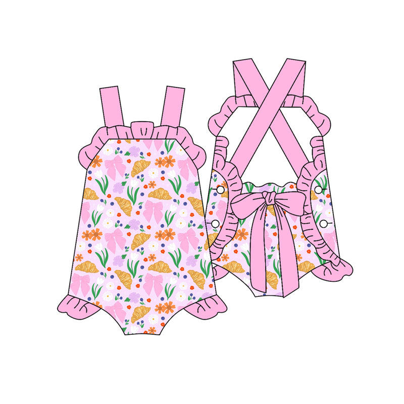 Preorder (moq 5)Baby Girls Strap Flowers Bread Back Bow Ruffle Rompers