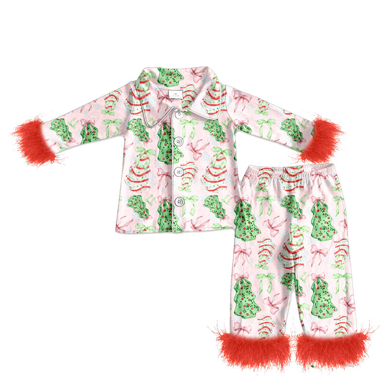 preorder(MOQ 5)Baby Girls Christmas Tree Cake Bows Fur Top Pants Pajamas
