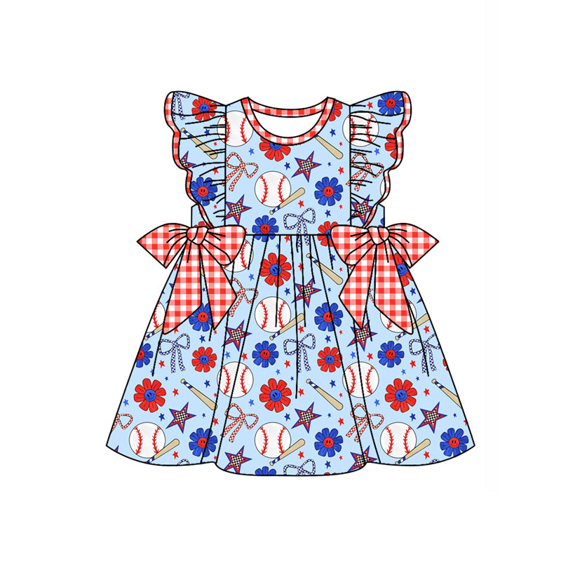 Preorder moq 5 Baby Girls Flutter Sleeves Baseballs Flowers 4th Of July Knee Length Dresses