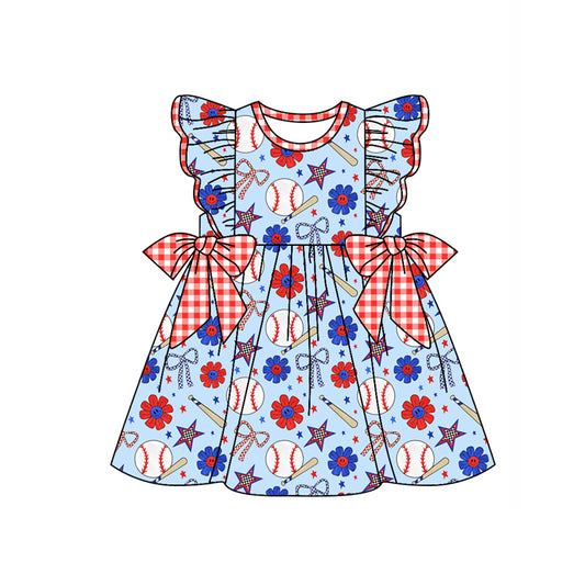 Preorder moq 5 Baby Girls Flutter Sleeves Baseballs Flowers 4th Of July Knee Length Dresses