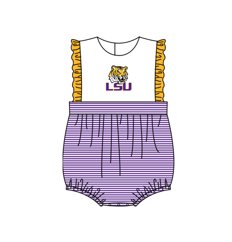 Preorder (moq 5)Baby Girls Sleeveless LSU Tigers Team Ruffle Rompers