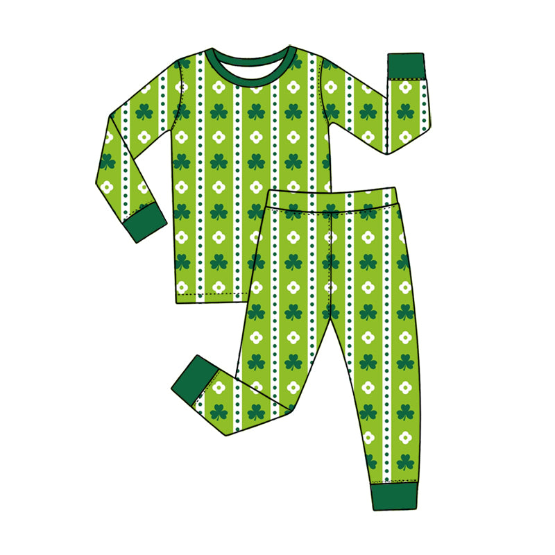 Preorder (moq 5) Baby Girl Clothes St Patrick's Day Simple Clover Flower Striped Print Long Sleeve Pajama Set