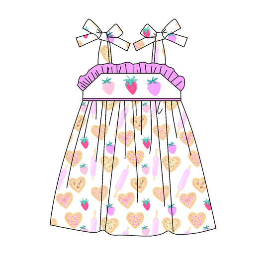 Preorder (moq 5)Baby Girls Strawberry Heart Straps Knee Length Dresses