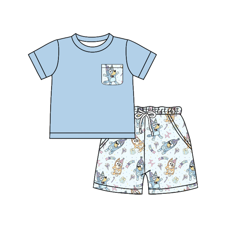Preorder (moq 5)Baby Boys Blue Dogs Birthday Shirt Pockets Shorts Clothes Sets