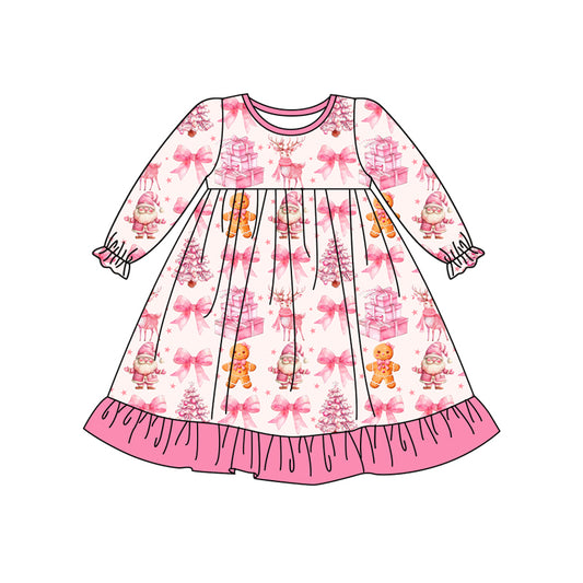 Preorder (moq 5)Baby Girls Long Ruffle Sleeves Pink Bows Gingerbread Knee Length Dresses