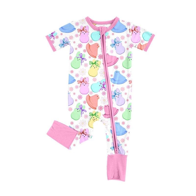 Preorder (moq 8)Baby Girls Colorful Rabbits Chicks Flowers Easter Zipper Footie Rompers