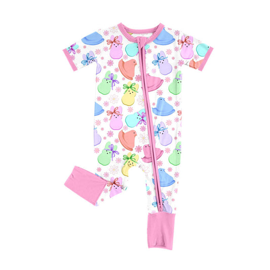 Preorder (moq 8)Baby Girls Colorful Rabbits Chicks Flowers Easter Zipper Footie Rompers