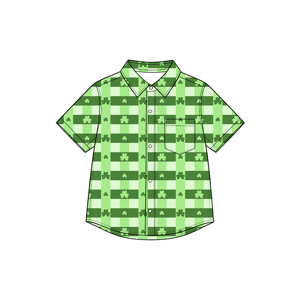 Preorder （moq 5）Baby Boys’ Green Plaid Clover Collared Button-Up Shirt