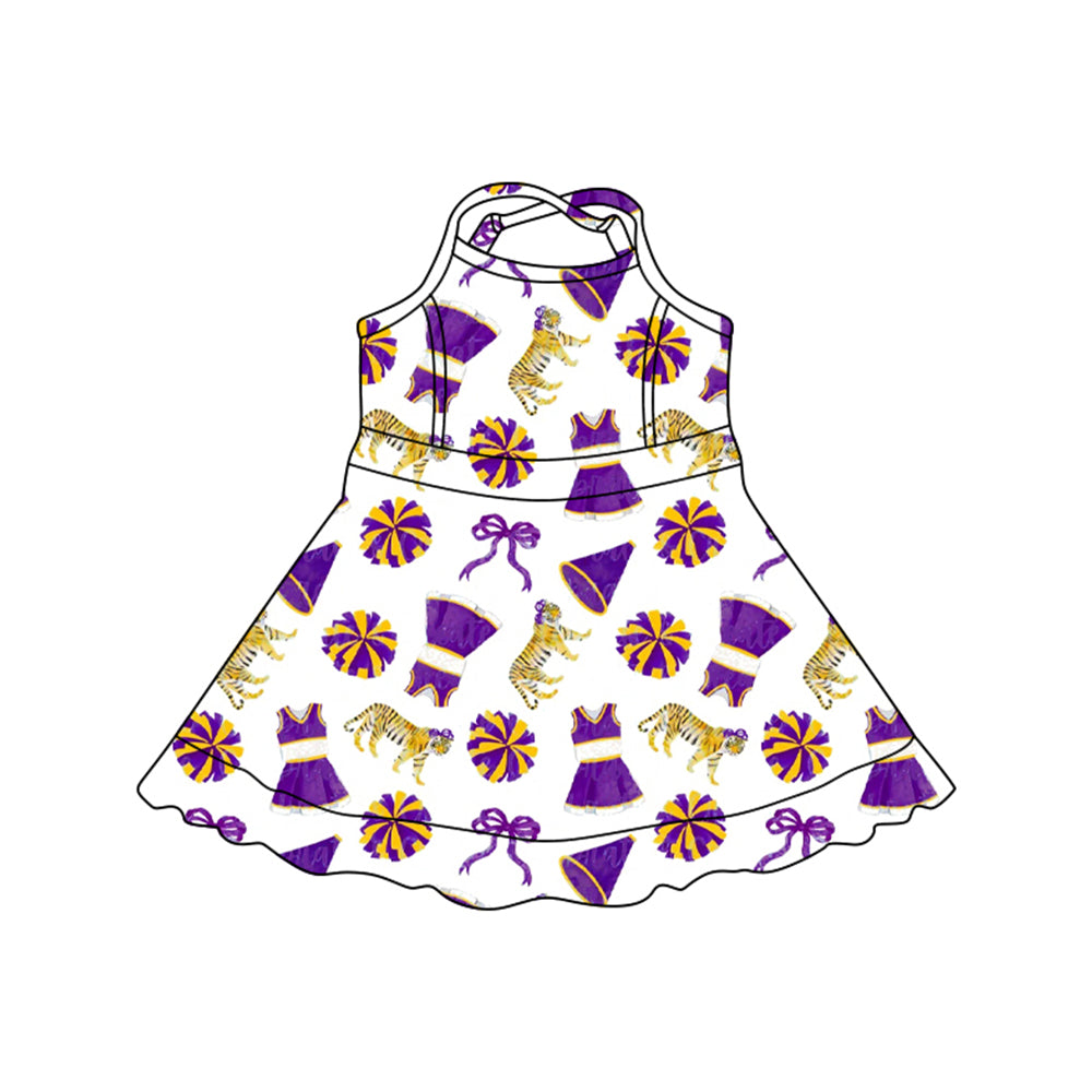 Preorder (moq 5)Baby Girls Strap Bows Tigers Team Cheer Shorts Knee Length Dresses