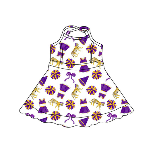 Preorder (moq 5)Baby Girls Strap Bows Tigers Team Cheer Shorts Knee Length Dresses
