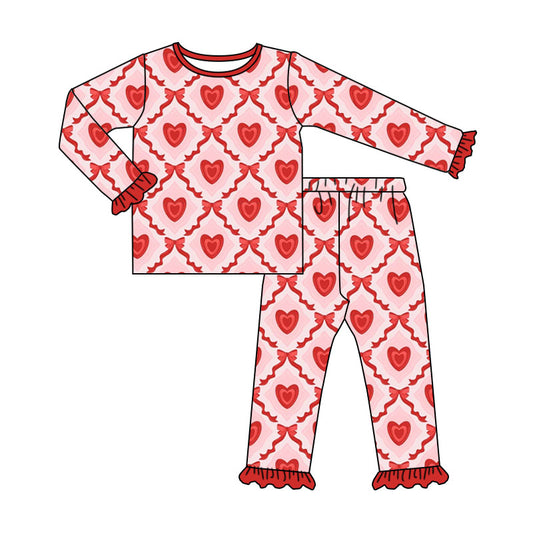 Preorder (moq 5) Baby Girl Clothes Diamond Heart Bow Mixed Print Long Sleeve Ruffle Pajama Set