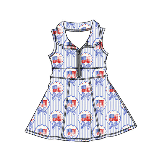 Preorder (moq 5)Baby Girls Bows Flags Stripe 4th of July Zipper Knee Length Dresses