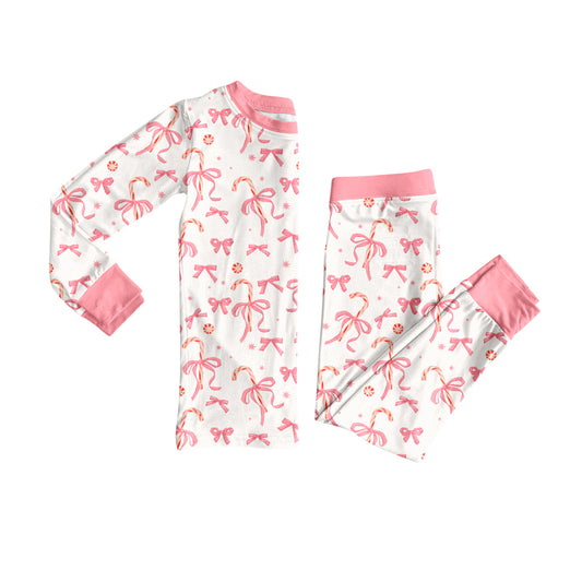 Preorder (moq 5)Baby Girls Long Sleeves Bows Candy Cane Top Pant Pajamas Set