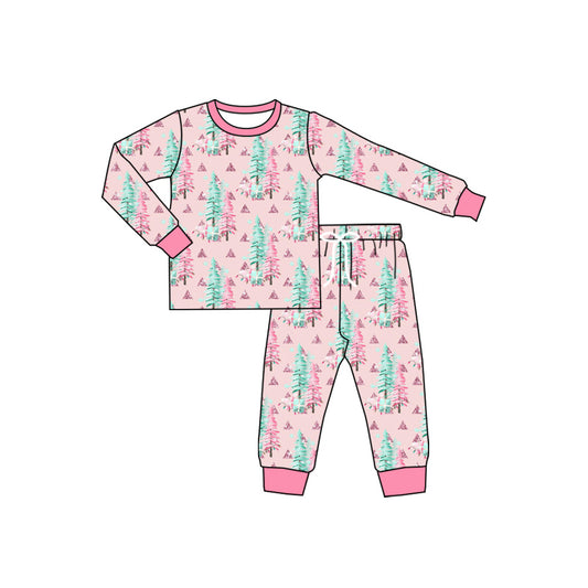 Preorder (moq 5)Baby Boys Long Sleeves Pink Trees Plaid Top Pant Pajamas Sets