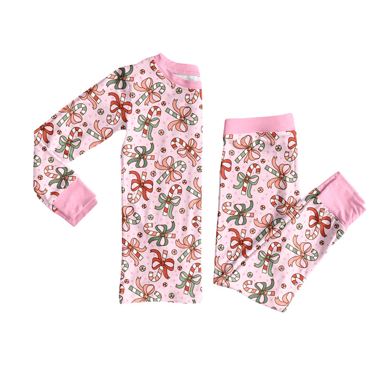 Preorder (moq 5)Baby Girls Long Sleeves Bows Candy Cane Plaid Top Pant Pajamas Clothes Set