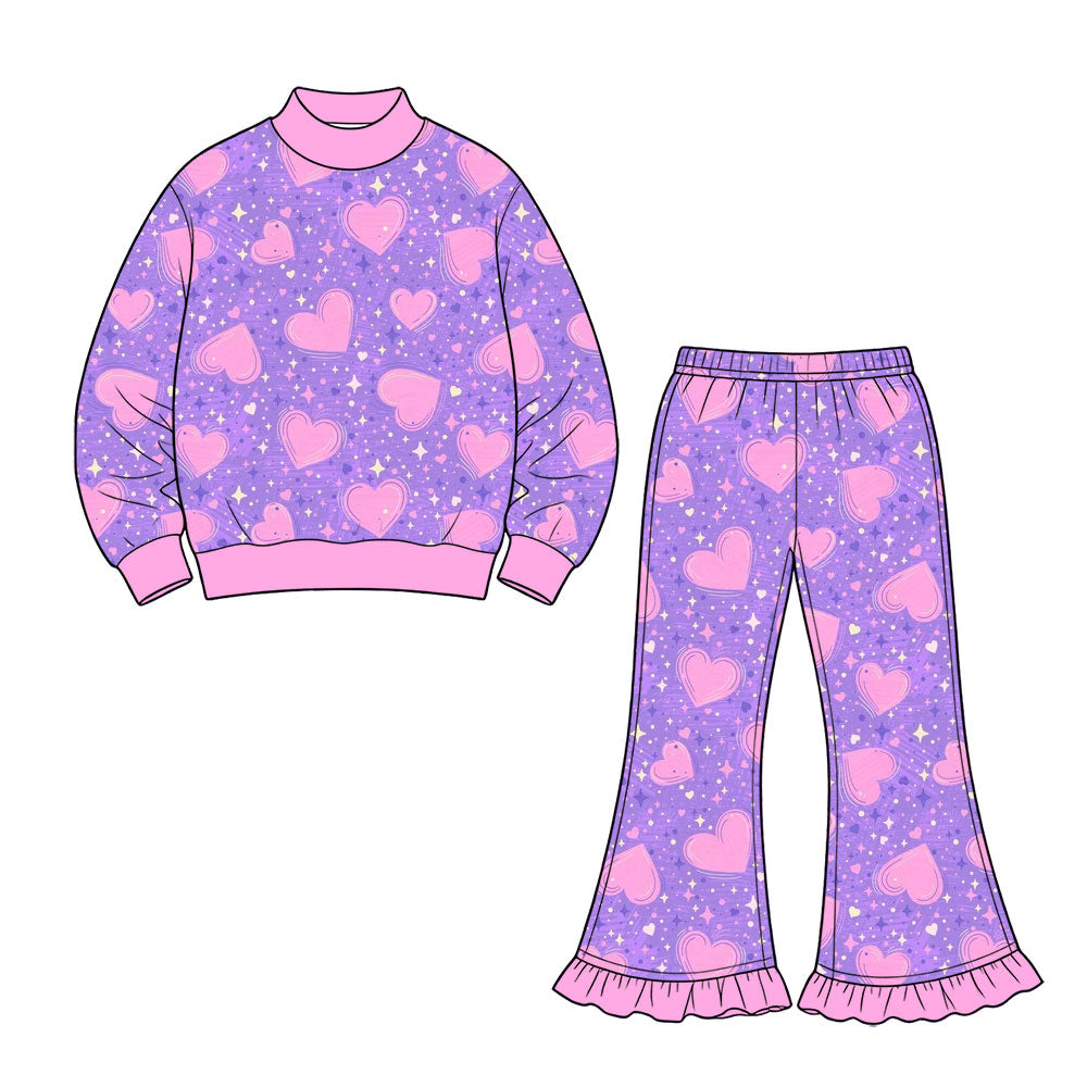 Preorder (moq 5) Baby Girl Clothes Purple Star Pink Heart Print Long Sleeve Mock Neck Sweatshirt Ruffle Flare Pant Set
