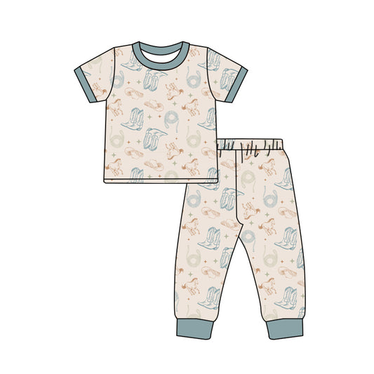 Preorder (moq 5)Baby Boys Blue Short Sleeves Horse Boots Top Pant Pajamas Set