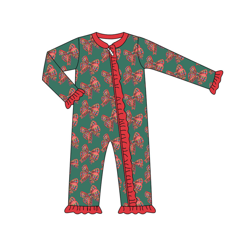 Preorder (moq 5)Baby Girls Green Long Sleeves Red Plaid Bows Ruffle Zipper Romper