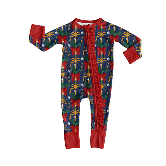 Preorder (moq 5)Baby Girls Bows Holly Christmas Two Way Ruffle Zip Convertible Rompers