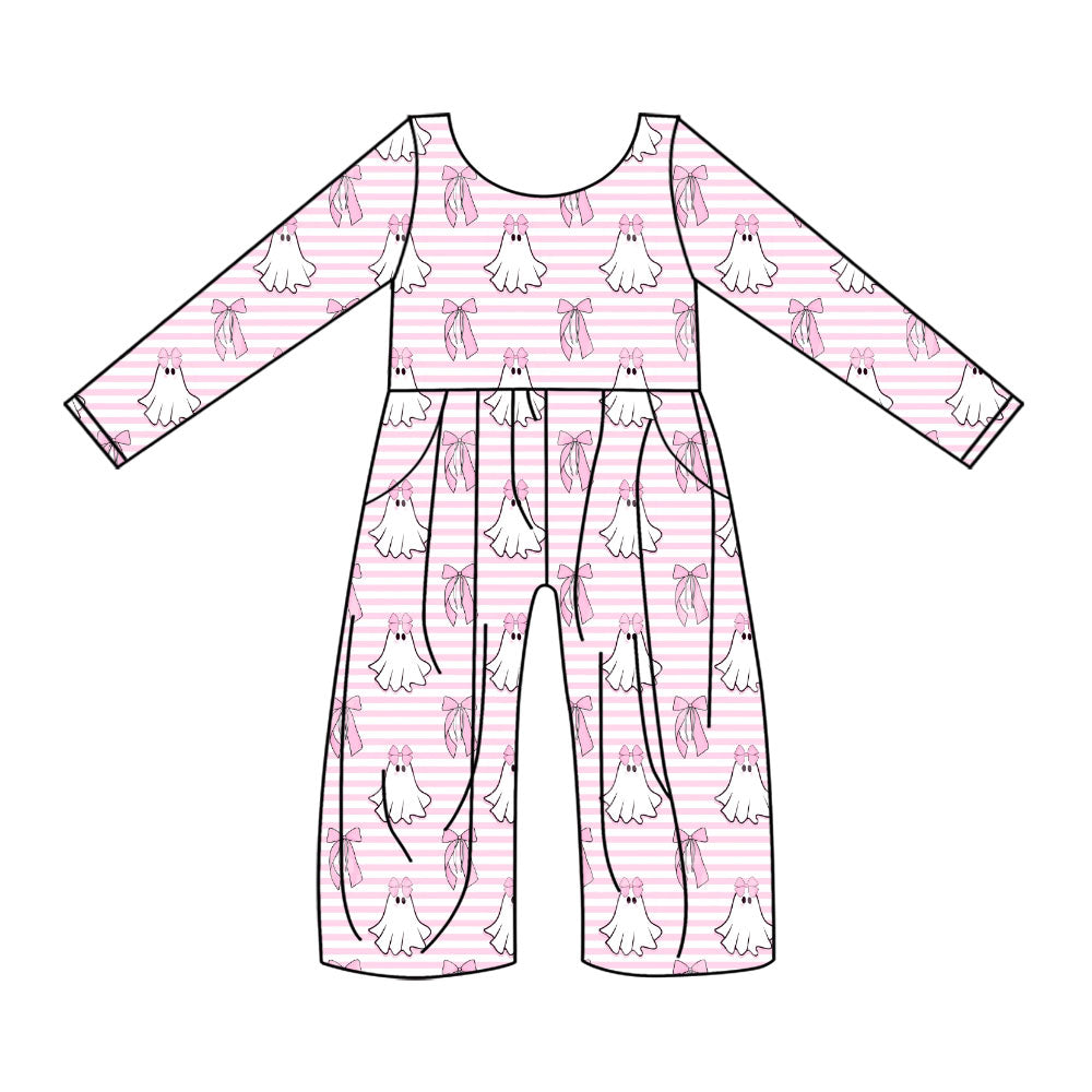 Preorder (moq 5)Baby Girls Pink Stripe Bows Ghosts Halloween Pockets Jumpsuits