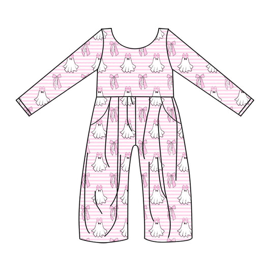 Preorder (moq 5)Baby Girls Pink Stripe Bows Ghosts Halloween Pockets Jumpsuits