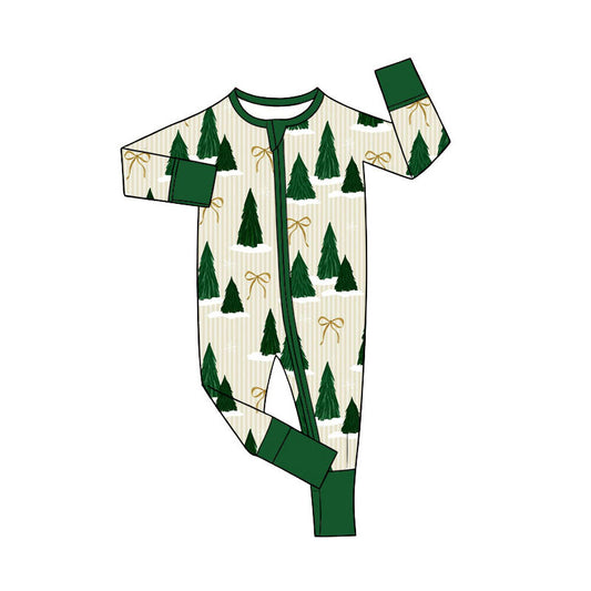 Preorder (moq 5)Baby Girls Green Stripe Bows Trees Christmas Two Way Zip Convertible Rompers