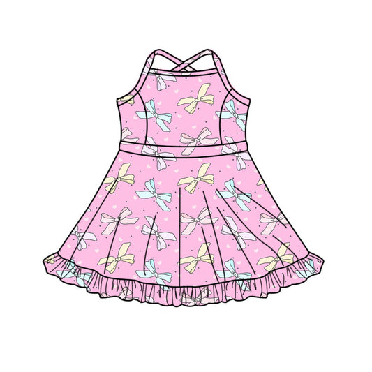 Preorder (moq 5)Baby Girls Strap Pink Hearts Bows Shorts Ruffle Valentine Knee Length Dresses