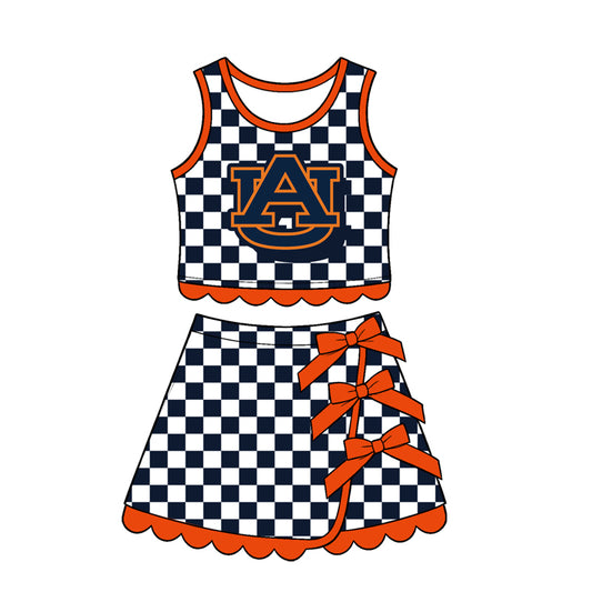 Preorder moq 5 Baby Girls Black Checked AU Top Bows Skirt Short Scallop Clothes Set
